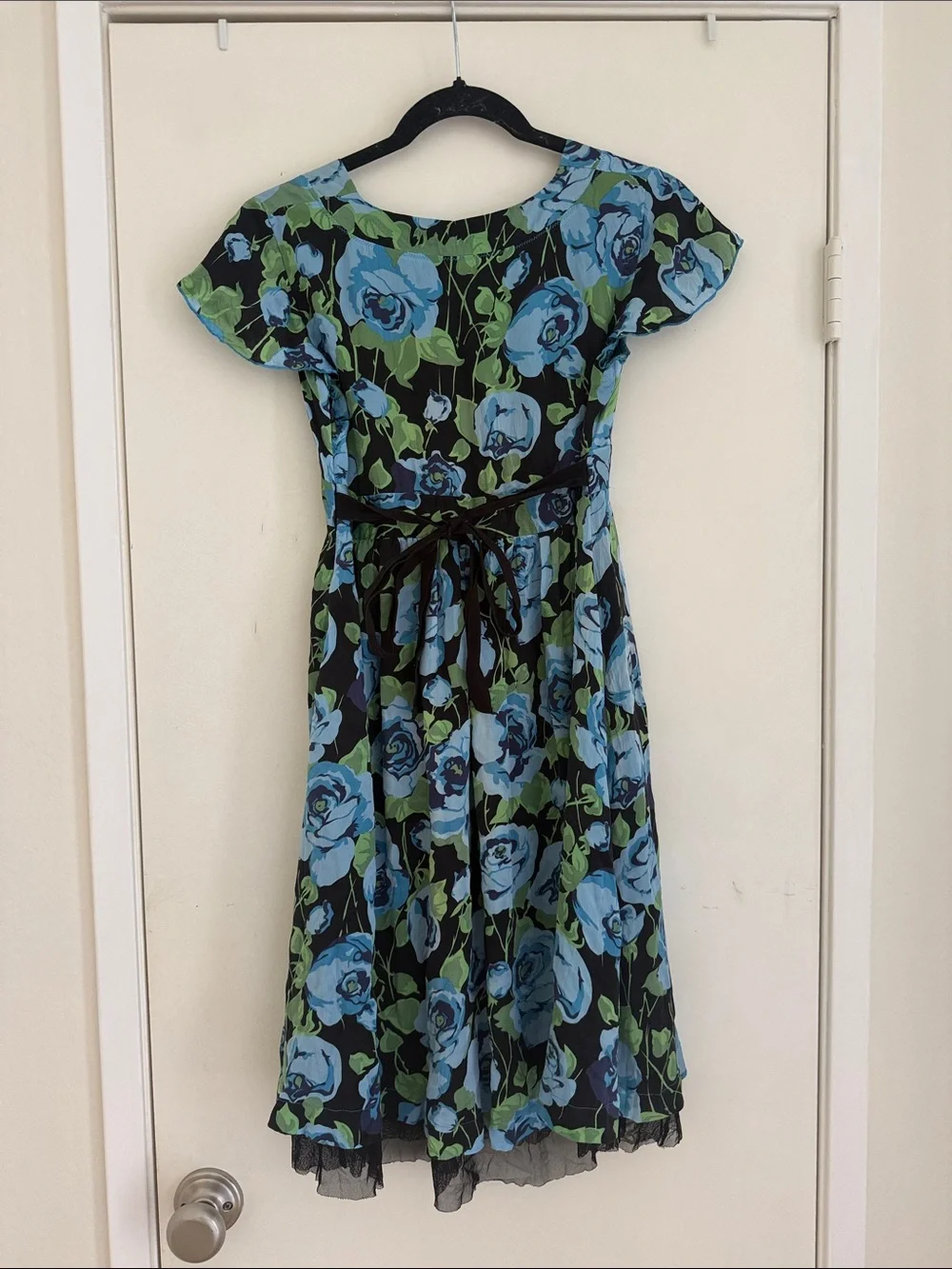 Free People Size 0 Blue Floral Silk Flutter Sleeve V-Neck Coquette Mini Dress